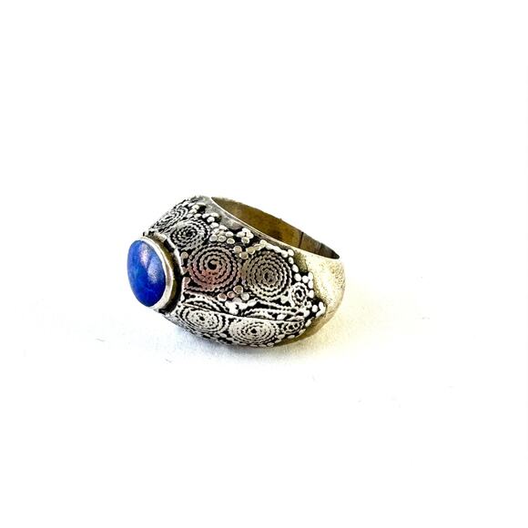 Vintage Afghan Lapis Lazuli Handmade Silver Tall Hollow Ring US Sz 8 - Picture 4 of 9